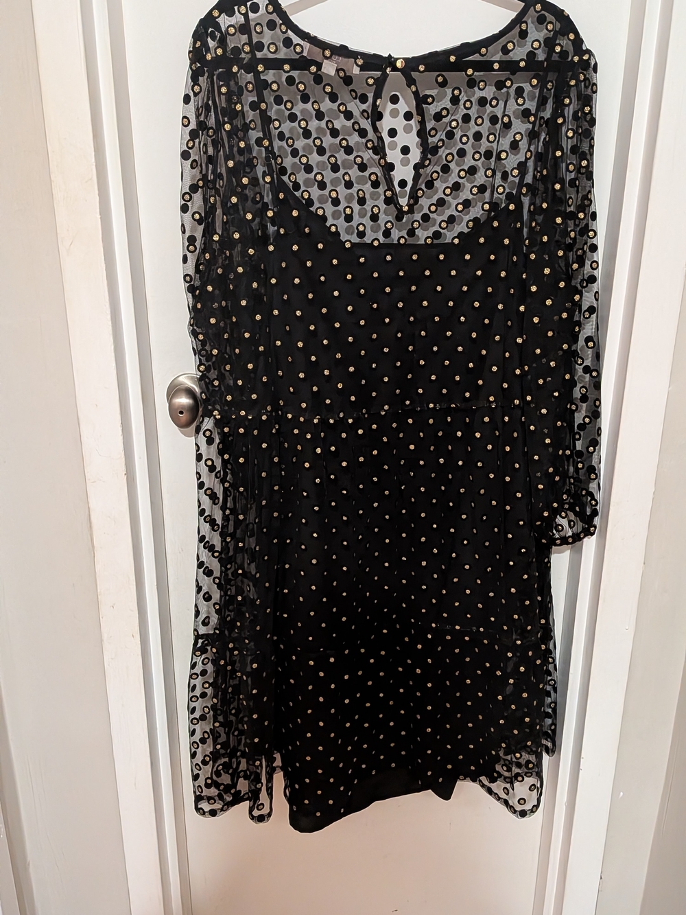 LOFT Plus Black Mesh Long Sleeve Dress with Gold Polka Dots - Picture 2 of 5
